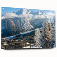 Acrylic print of the French Alps with vivid blue and green tones, ideal for enhancing dining room decor.