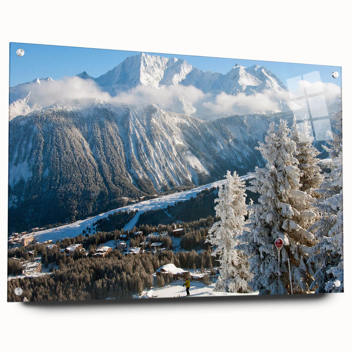 Acrylic print of the French Alps with vivid blue and green tones, ideal for enhancing dining room decor.