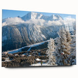 Acrylic print of the French Alps in muted blue and white tones, ideal for bedroom or dining room art.