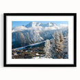 Extra large abstract art print of the French Alps in vibrant colors, framed with a black mat, ideal for living room decor.