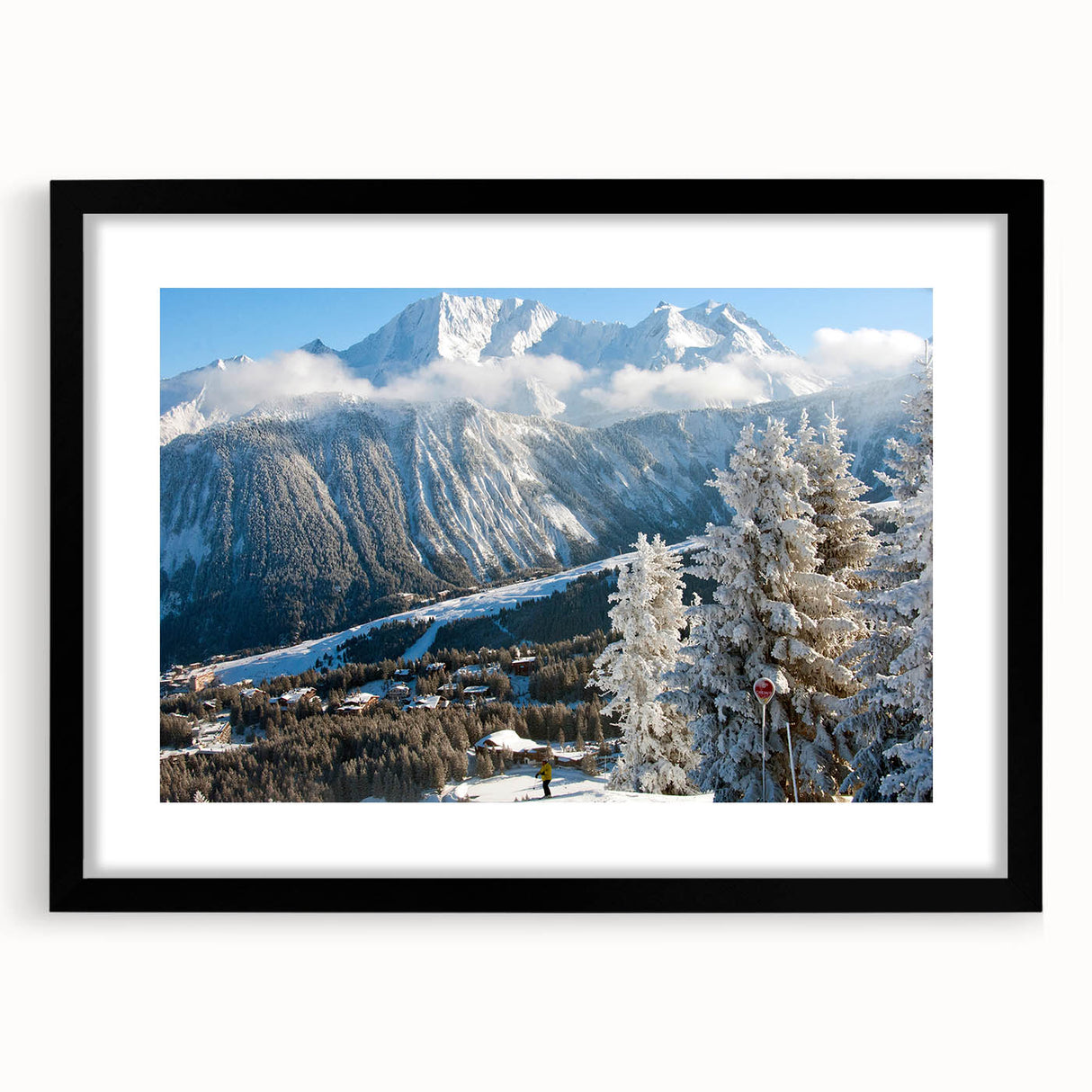 Extra large abstract art print of the French Alps in vibrant colors, framed with a black mat, ideal for living room decor.