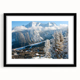 Extra large abstract art print of the French Alps in vibrant colors, framed with a black mat, ideal for living room decor.