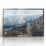 Art deco poster of French Alps in muted gold and blue tones, acrylic print framed, suitable for modern nursery decor.