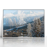 Mid-century modernist art of the French Alps in a white-framed acrylic print, featuring muted earth tones.