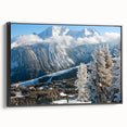 Black and white framed canvas of the French Alps in a vintage poster style, suitable for bedroom wall decor.