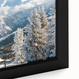 Black wall art featuring a textured depiction of the French Alps in vibrant colors on a large framed canvas.