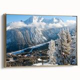 Vintage poster art of the French Alps in muted earth tones on a framed canvas, ideal for bedroom wall decor.