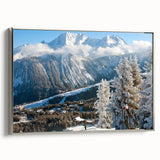 Landscape art painting of the French Alps on framed canvas, featuring a vintage poster style in vibrant colors.