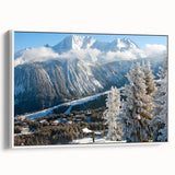 Vintage poster art of the French Alps in vibrant colors on a large framed canvas, suitable for living room decor.