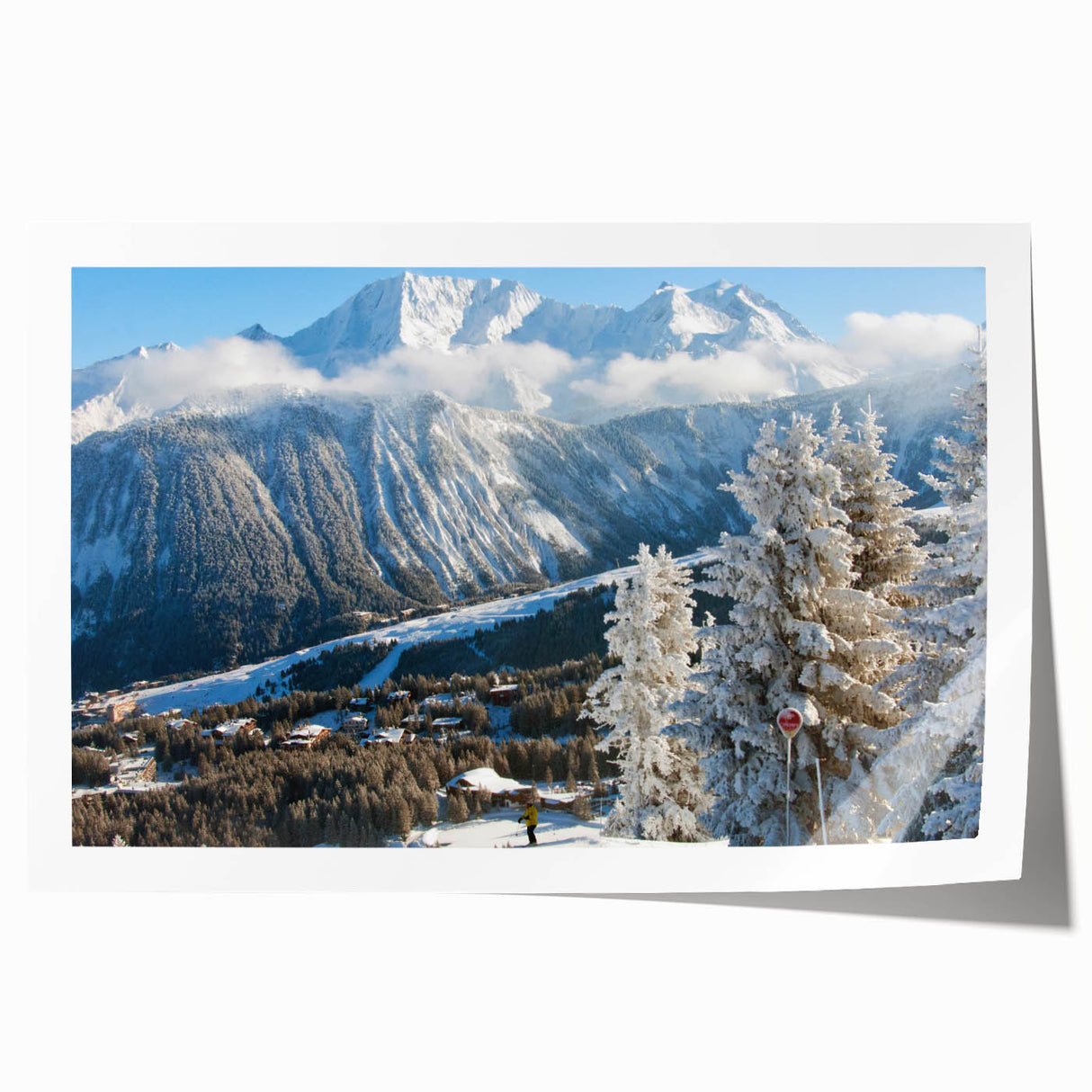 Panoramic view of the French Alps in muted earth tones on a large rolled canvas, ideal for art wall dining room.