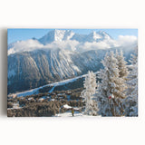 Black and white panoramic view of the French Alps on stretched canvas, suitable as large kitchen wall art.