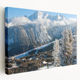 French Alps landscape on stretched canvas, featuring muted green and blue tones, suitable for kitchen wall art.