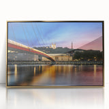 Art Deco poster of Lyon, France skyline in muted gold and blue tones on framed acrylic, suitable for modern art wall decor.