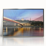 Large art print of Lyon scenery in silver-framed acrylic, featuring mid-century modernist style with muted colors.