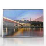 Mid-century modernist art of Lyon cityscape in muted gray and blue tones on framed acrylic, ideal for nursery wall decor.