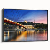 Black and white vintage poster art of Lyon landscape on framed canvas, suitable for bedroom decor.