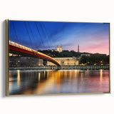 Vintage poster art of Lyon landscape in black and gold tones on framed canvas, ideal for bedroom wall decor.