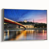 Landscape art painting of Lyon, France in vintage poster style on framed canvas, featuring colorful art with black borders.