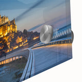 Large abstract wall art depicting a mid-century modernist French scenery in muted earth tones on acrylic glass.