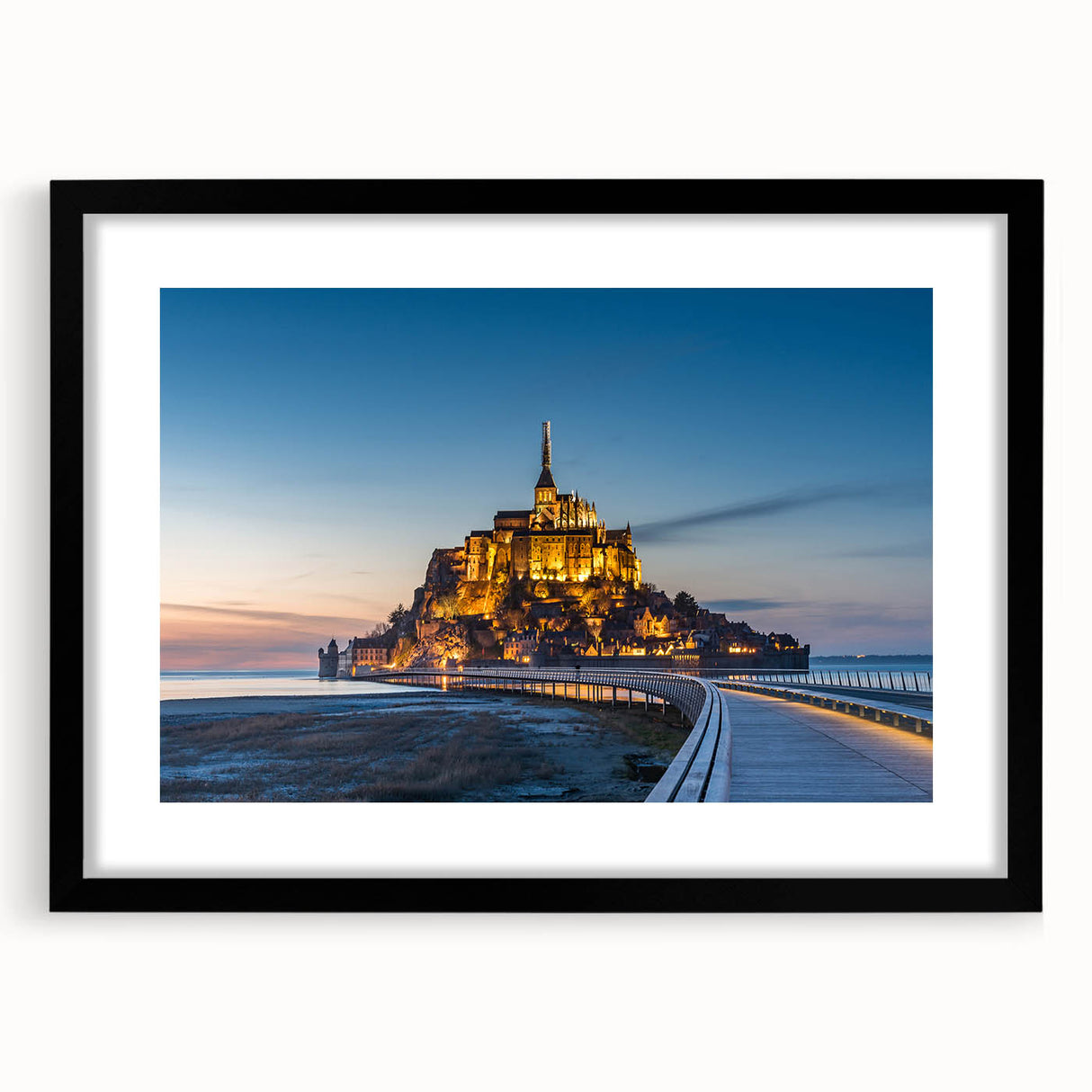 Extra large abstract art print of colorful, textured European scenery on a framed black mat, ideal for living room decor.