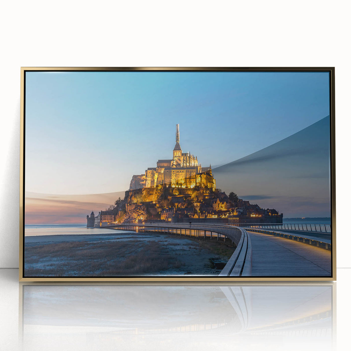 Art deco poster of a French scenery in muted gold and teal tones, acrylic framed, suitable for nursery wall art.