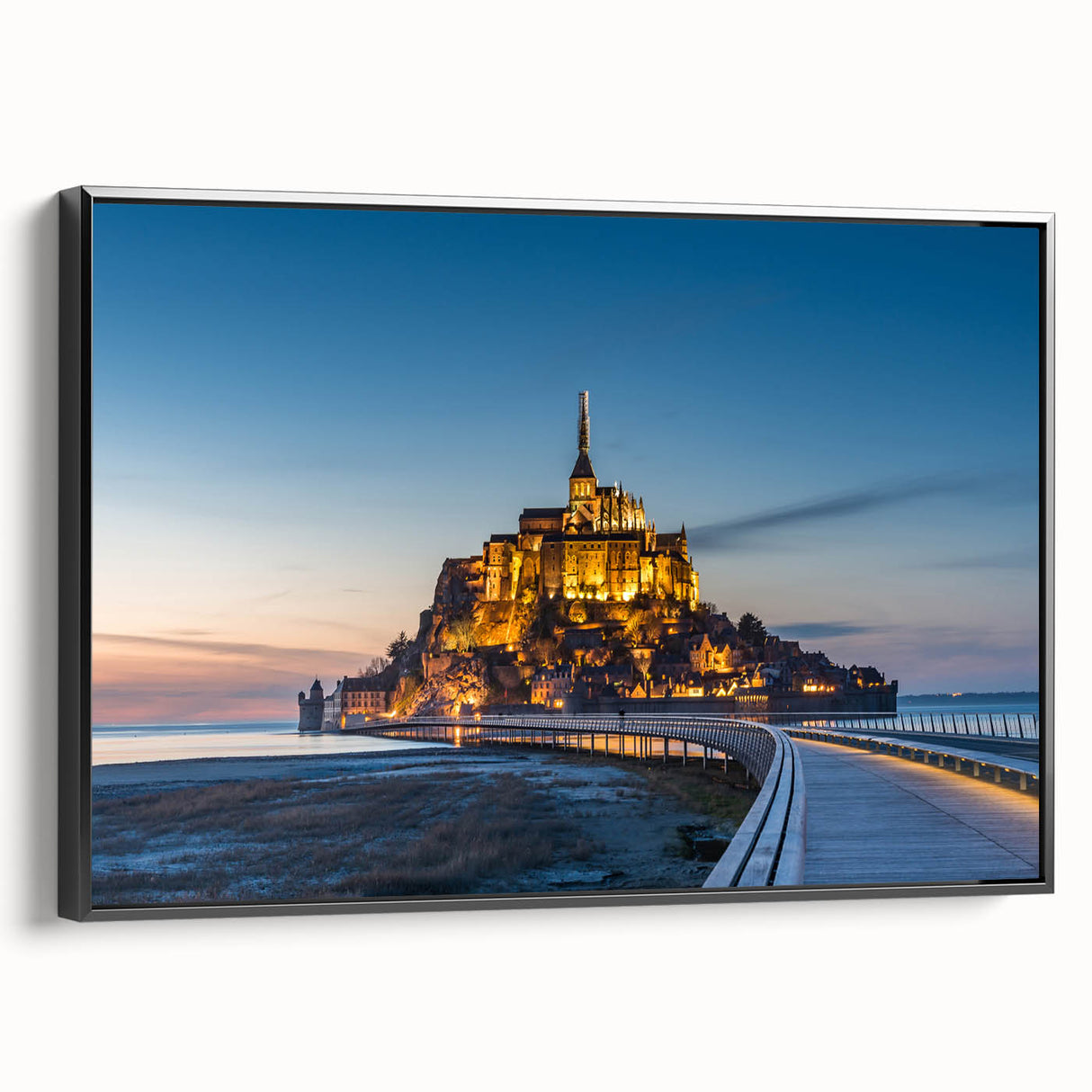 Black and white vintage poster art of a French landscape on framed canvas, ideal for bedroom wall decor.