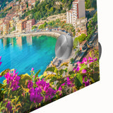 Large abstract wall art depicting a mid-century modernist scene of Nice, France in muted blue and gray tones.