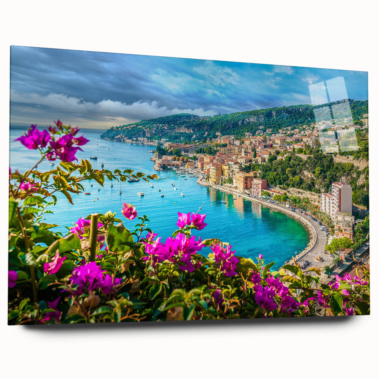 Large abstract wall art of Nice, France in muted blue and gray tones on acrylic glass.