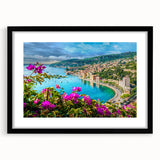 Abstract art print of a colorful Nice, France scenery on a textured canvas, framed in black, ideal for living room decor.