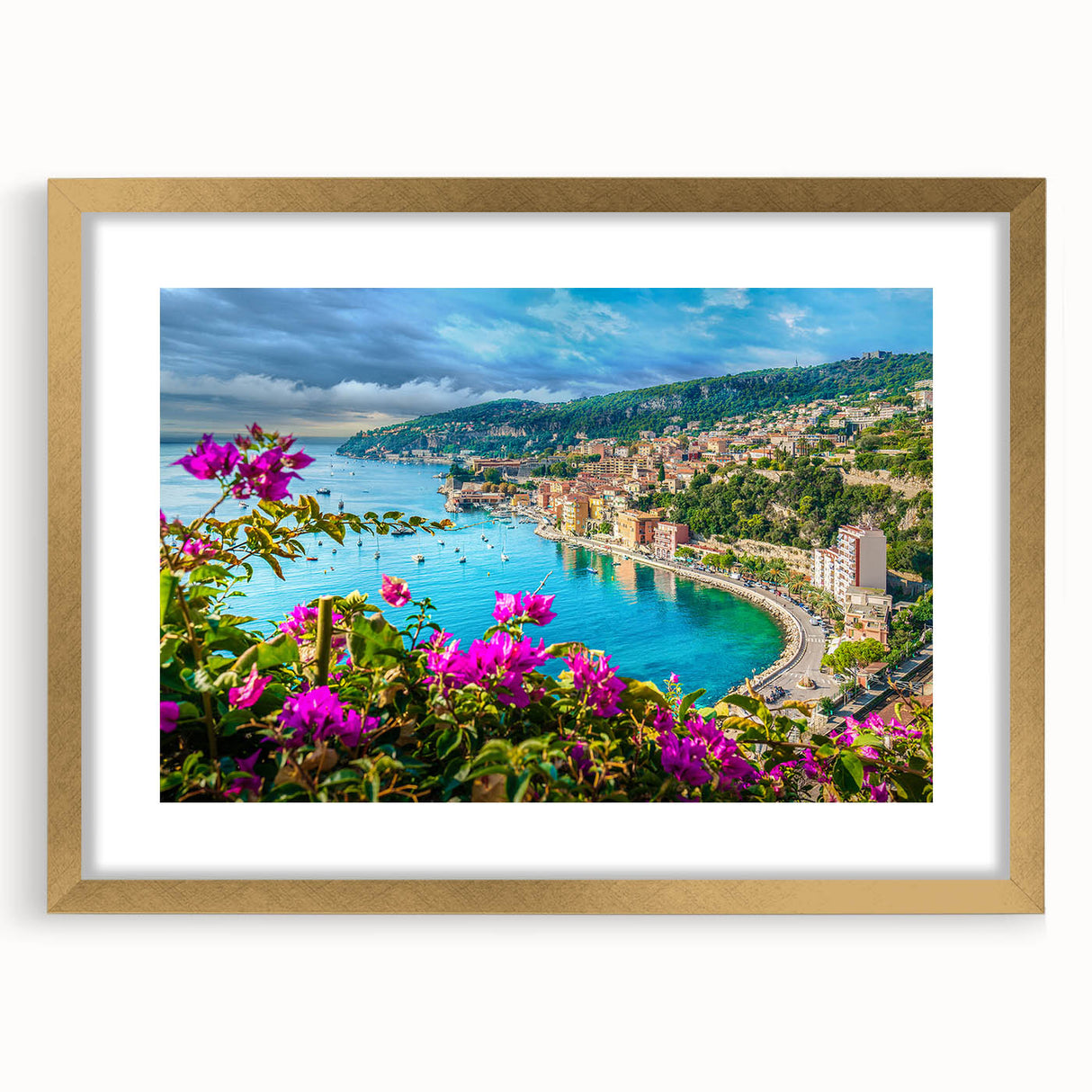 Abstract art print of Nice, France in muted blue and beige tones, framed in gold, suitable for bedroom or dining room decor.