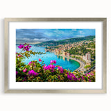 Extra large wall art featuring an abstract view of Nice, France in textured gray and blue tones, framed in silver.