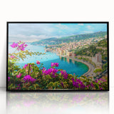 Large abstract wall art depicting a stylized European scenery in black and white tones on a framed acrylic.