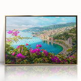 Art deco poster of Nice, France in acrylic, featuring pastel hues and gold frame, ideal for nursery wall art.