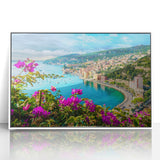 Mid-century modernist art depicting the Nice, France skyline in muted blue and white tones, framed acrylic.