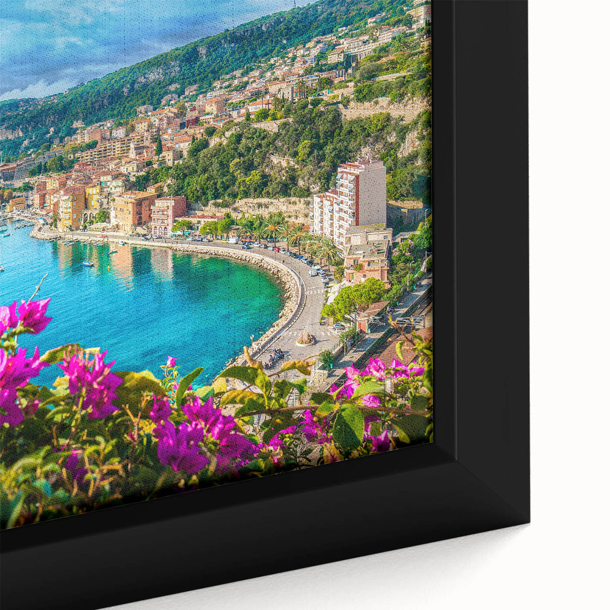 Extra large framed canvas depicting a black textured skyline of Nice, France, with colorful accents.