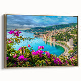 Framed canvas of a vintage landscape painting depicting the Nice coastline in muted gold and black tones.