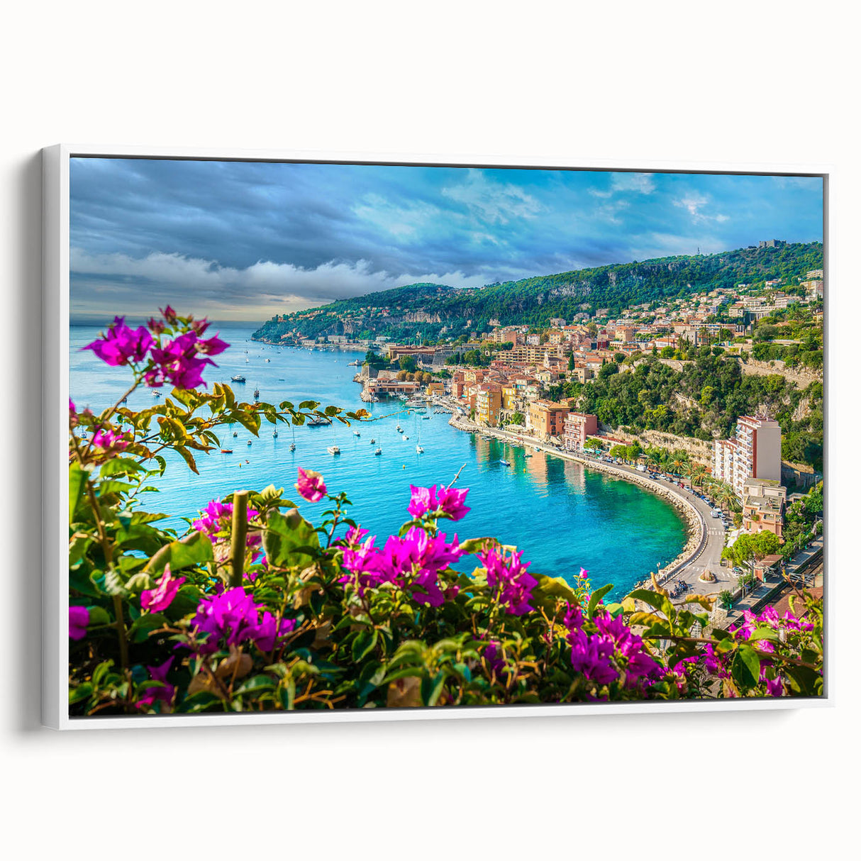Vintage poster art of Nice, France in colorful hues on extra large framed canvas, ideal for living room decor.