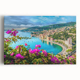 Black and white stretched canvas of Nice, France skyline with muted tones, ideal for kitchen wall art.