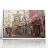 Mid-century modernist art depicting the Normandy coastline in muted blue and gray tones, framed acrylic.