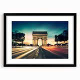 Extra large abstract art print of a colorful Parisian scene on textured canvas, framed in black, ideal for living room decor.