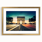 Abstract art print of Paris skyline in muted gold and gray tones on a framed canvas.