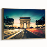 Framed canvas wall art featuring a vintage poster of the Paris skyline in black and gold tones, ideal for bedroom decor.