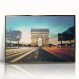 Large acrylic print of Paris skyline in muted gold and gray tones, framed, mid-century modernist style.