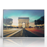 Art deco poster of Paris scenery in muted pastel shades on framed acrylic, suitable for modern art wall decor or nursery.