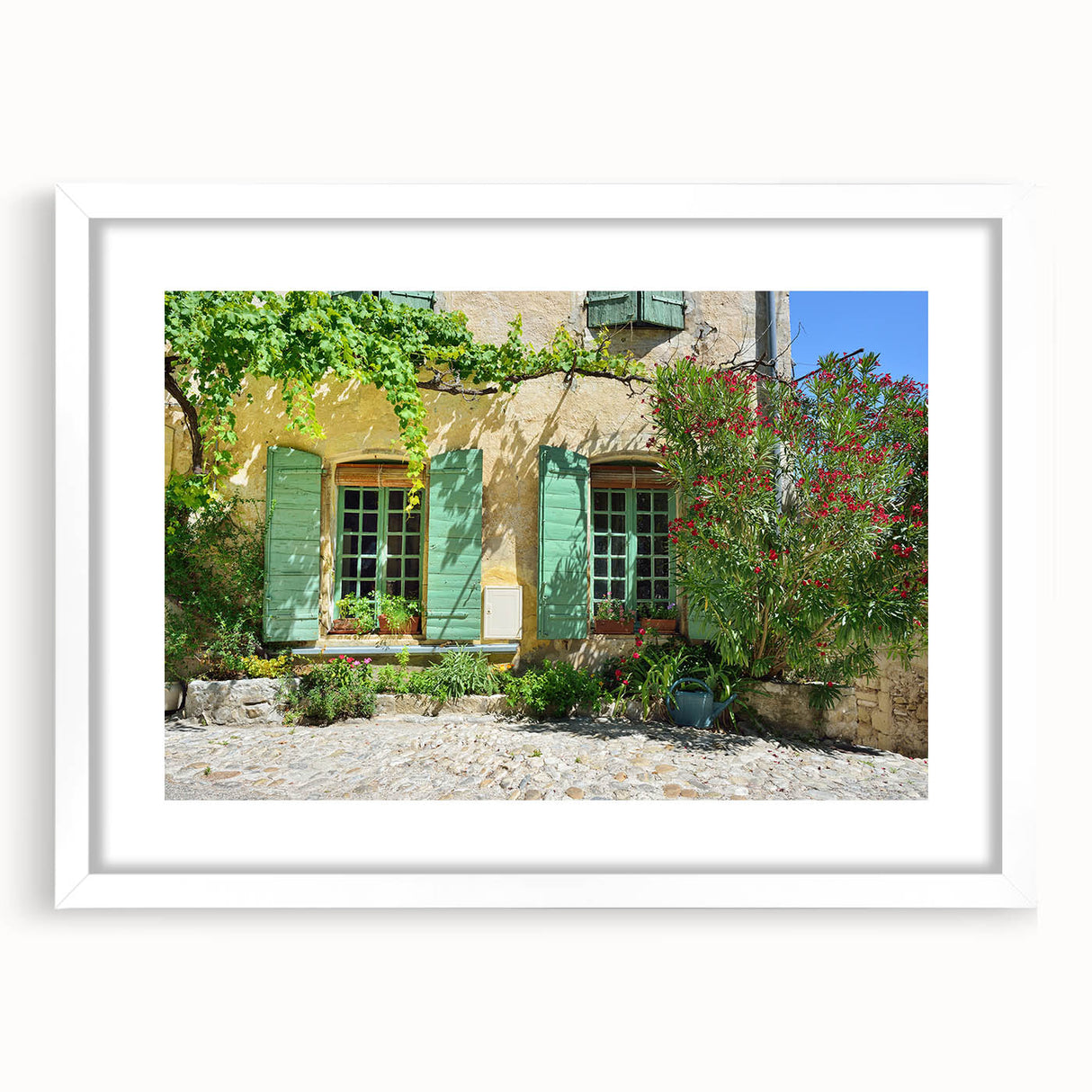 Textured art depicting a serene Provence landscape in muted earth tones on a framed white mat, ideal for bedroom art.