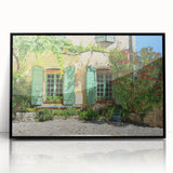 Large abstract wall art depicting a Provence, France scenery in muted earth tones on a black framed acrylic print.