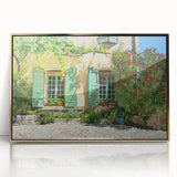 Art deco poster of a Provence landscape on a gold-framed acrylic, featuring muted earth tones.