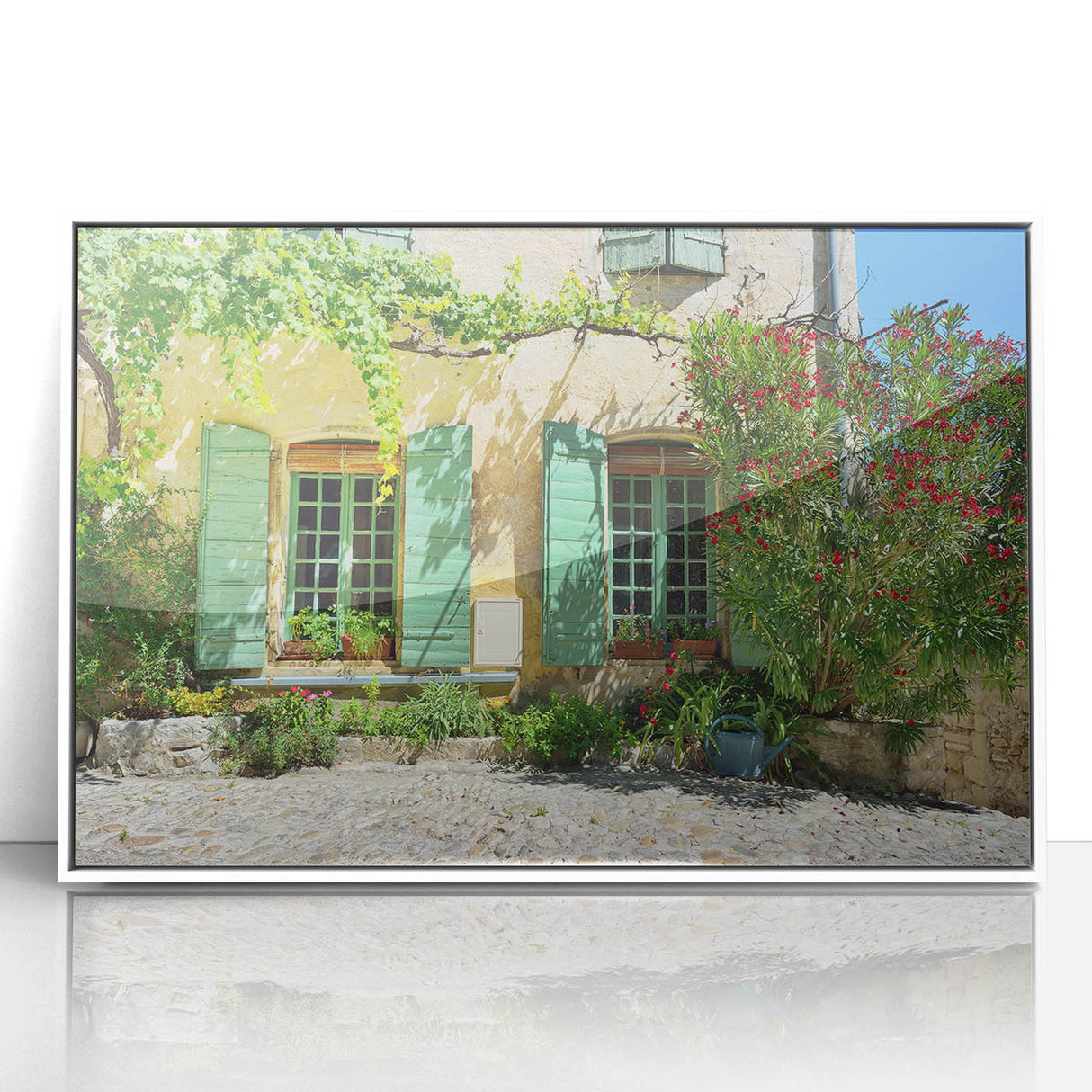 Mid-century modernist art depicting a Provencal landscape in muted pastel shades, acrylic print framed in white.