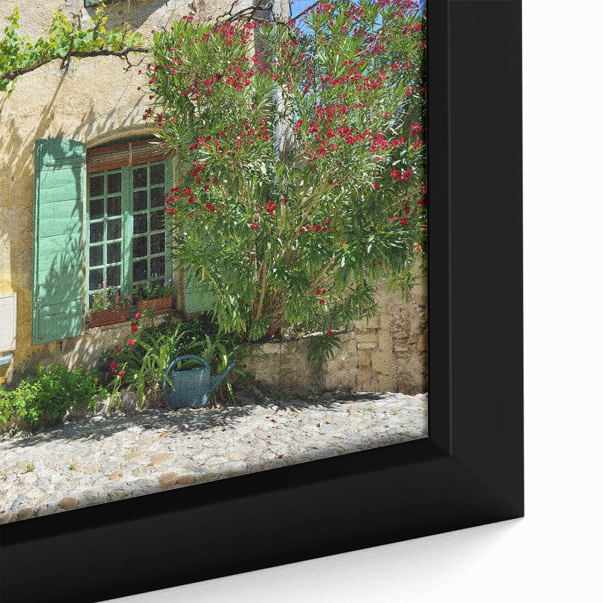 Black wall art depicting a textured Provence scenery in vibrant colors on a large framed canvas.