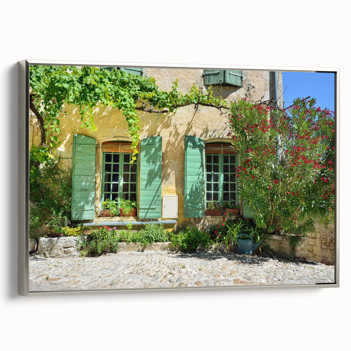 Landscape art painting of Provence, featuring colorful fields and a black frame, on a framed canvas.